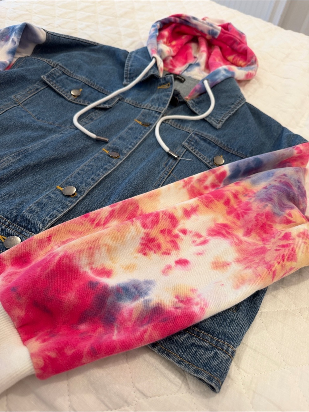 Aqua Denim Jacket with Pink, Blue & Yellow Tie-Dye Hooded Sleeves - Picture 5 of 5